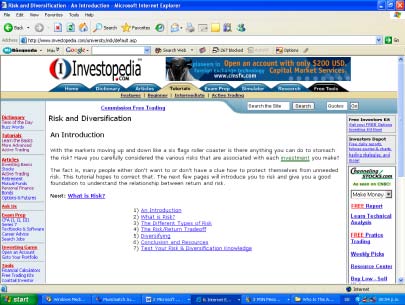 Another screenshot of Investopedia.com in January 2005.